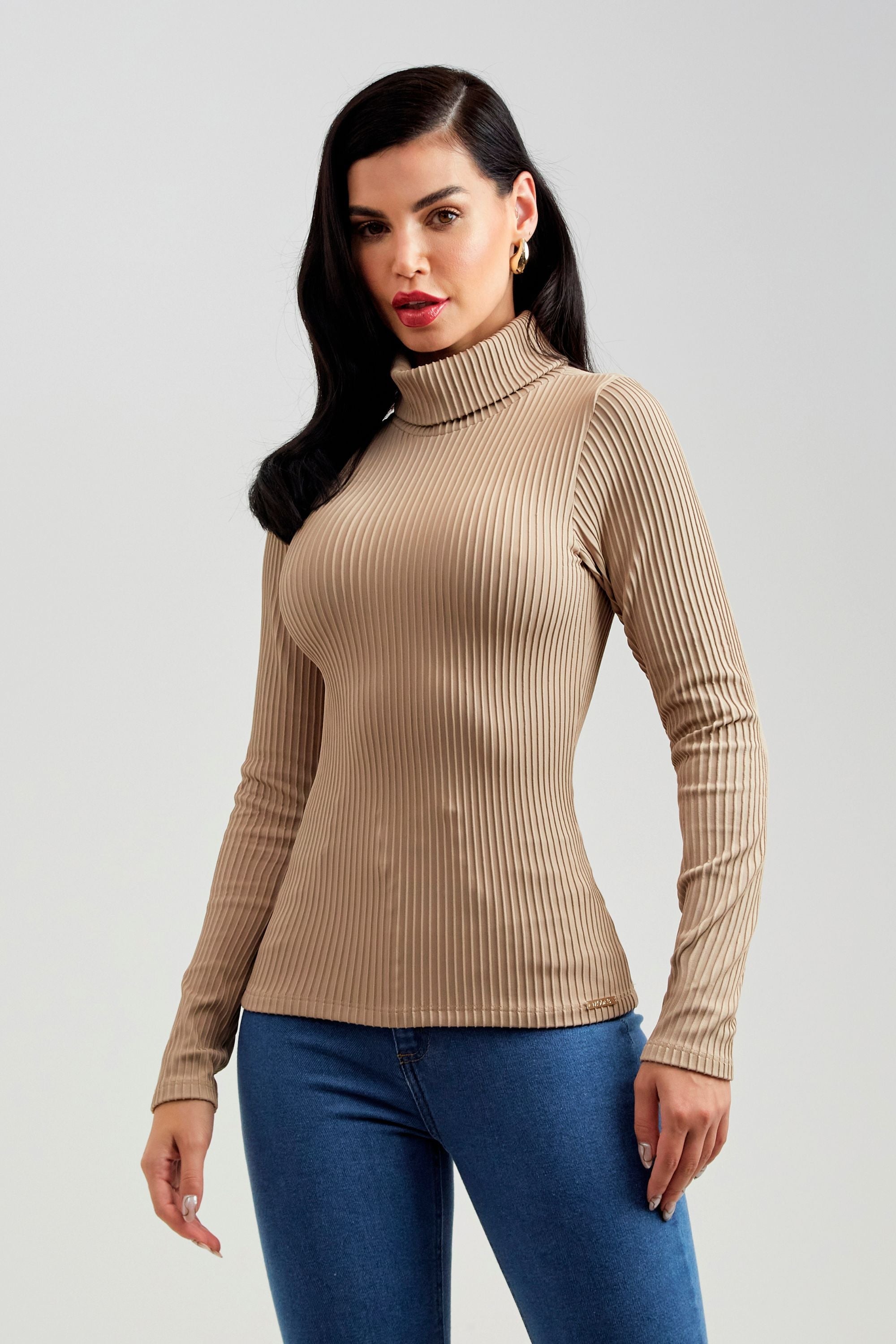 Blusa Canelada Premium Manga Longa Gola Alta Nude